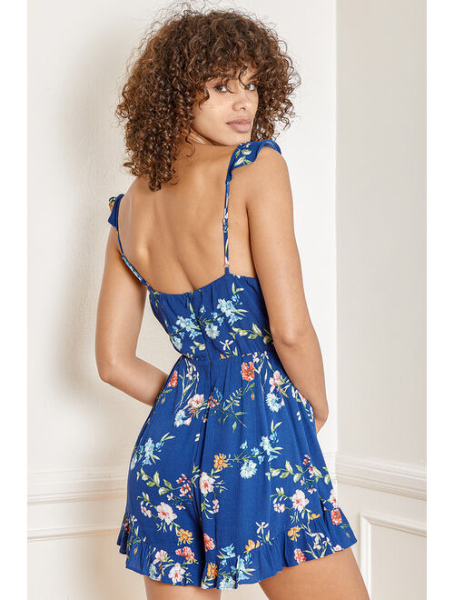 Lulus Frills Forever Blue Floral Print Cutout Ruffled Romper