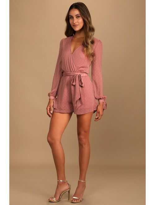 Lulus Closer Look Dusty Rose Swiss Dot Tie-Sleeve Romper