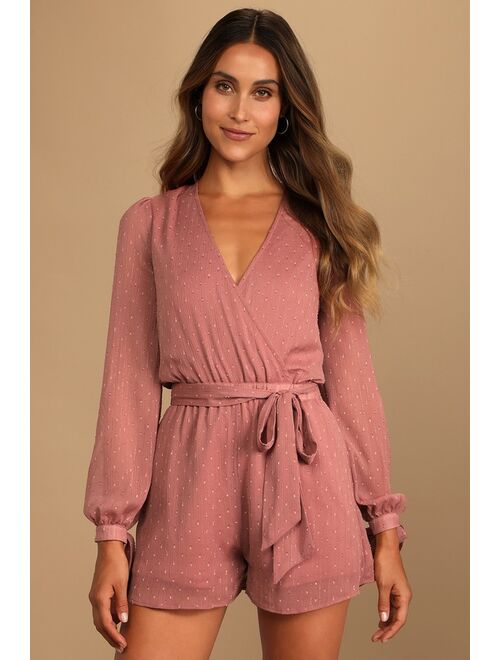 Lulus Closer Look Dusty Rose Swiss Dot Tie-Sleeve Romper