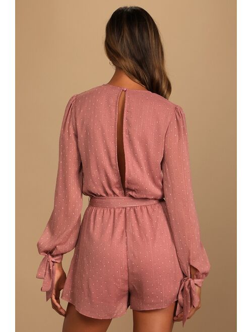 Lulus Closer Look Dusty Rose Swiss Dot Tie-Sleeve Romper