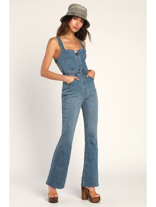 Free People CRVY 2nd Ave Medium Wash Denim Zip-Front Backless Jumpsuit