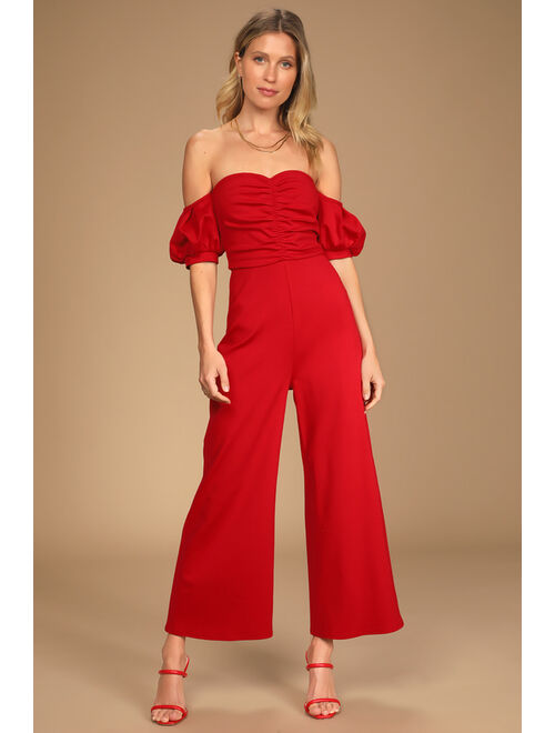 Buy Lulus Impress Release Red Off-the-Shoulder Puff Sleeve Jumpsuit ...