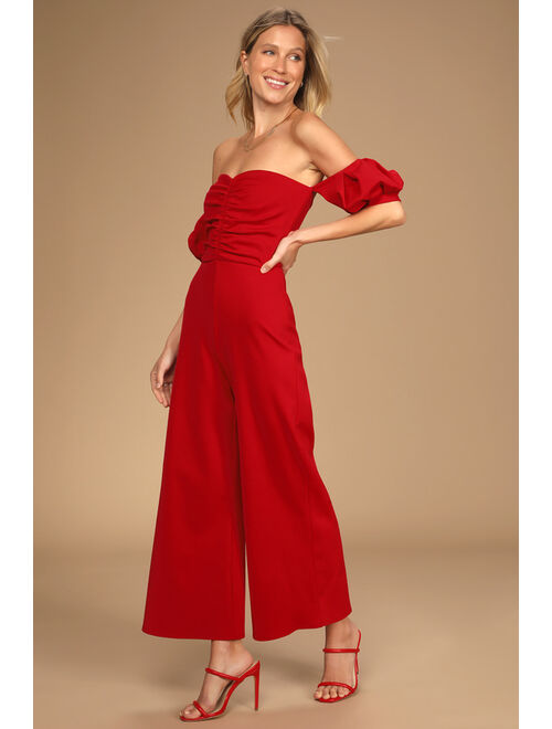 Lulus Impress Release Red Off-the-Shoulder Puff Sleeve Jumpsuit