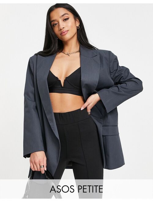 ASOS Petite ASOS DESIGN Petite double breasted low break dad blazer in gray