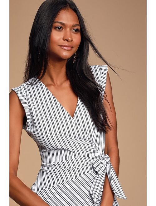 Lulus Amherst Black and White Striped Wrap Skort Romper