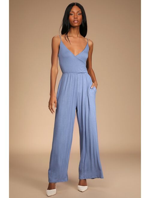 Lulus Simple Yet Sultry Blue Tie-Back Wide-Leg Jumpsuit