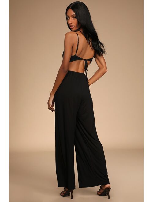 Lulus Simple Yet Sultry Blue Tie-Back Wide-Leg Jumpsuit