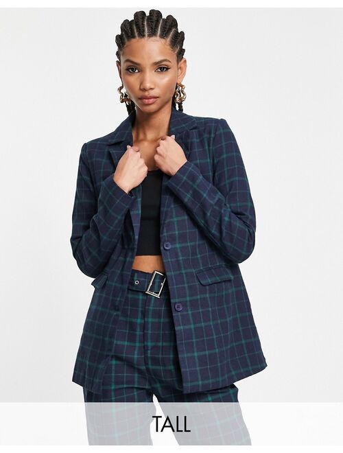 Heartbreak Tall slouchy boyfriend blazer in navy and green check