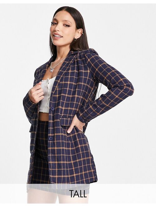 Heartbreak Tall longline boyfriend blazer in navy and orange plaid