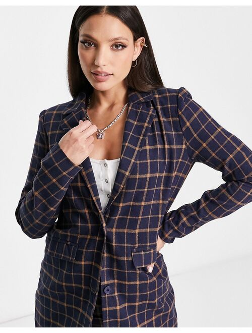 Heartbreak Tall longline boyfriend blazer in navy and orange plaid