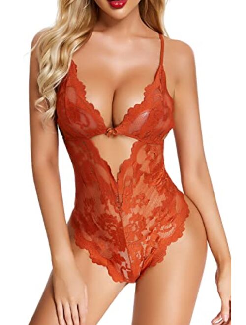 ADSEXY Lace Women Lingerie Sexy Naughty Floral Teddy One Piece See Through Bodysuits Deep V Neck Backless Mini Babydoll