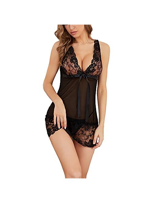 BMEISDRE Sexy Lingerie for Women,Two Piece Sexy Lace Lingerie Set, Babydoll Chemise Sleepwear and Panty Set