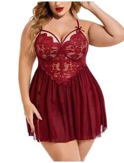 Plus Size Lingerie Lace Babydoll Womens Strap Chemise Nightgown V Neck Nighty Mesh Sleepwear Side Slit Nightdress