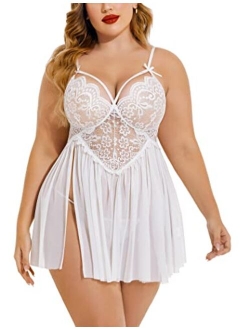 Plus Size Lingerie Lace Babydoll Womens Strap Chemise Nightgown V Neck Nighty Mesh Sleepwear Side Slit Nightdress