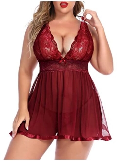 Women Plus Size Babydoll Lingerie Sheer Lace Chemise Mesh Sleepwear