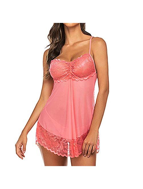 QuneusHot Women Candy Color Lingerie Lace Babydoll Dress Camisole Sleepwear Nighties V Neck