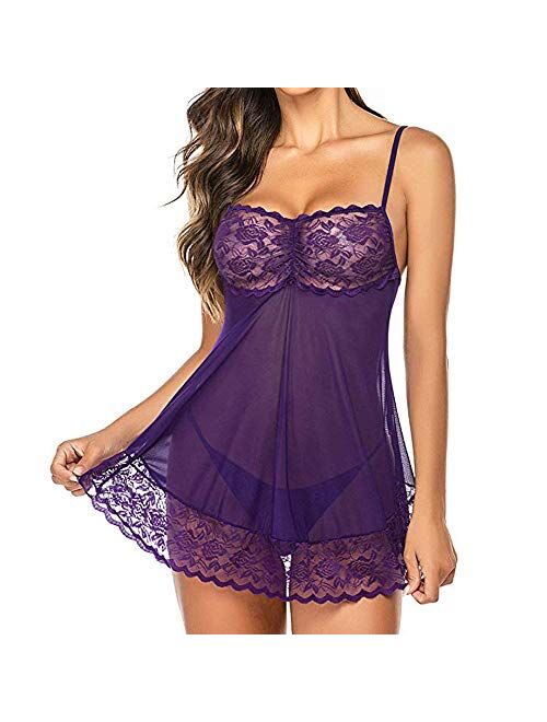 QuneusHot Women Candy Color Lingerie Lace Babydoll Dress Camisole Sleepwear Nighties V Neck