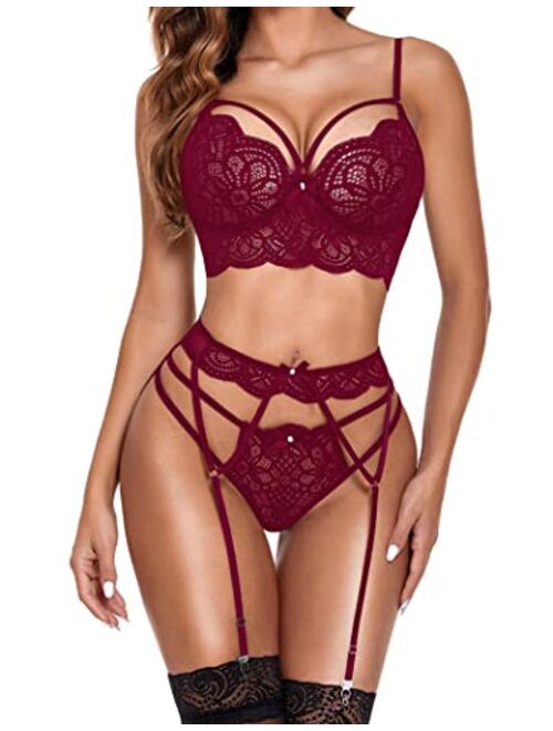 Avidlove Women Lingerie Set with Garter Belts Sexy Bra and Panty Set Lace Teddy Bodysuit