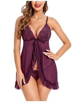 Babydoll Lingerie for Women Lace Front Closure Lingerie V Neck Nightwear Sexy Chemise Nightie