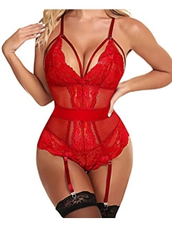 Donnalla Women Lingerie Set with Garter Belt Sexy Lace Bodysuit Fishnet One Piece Teddy (No Stockings )