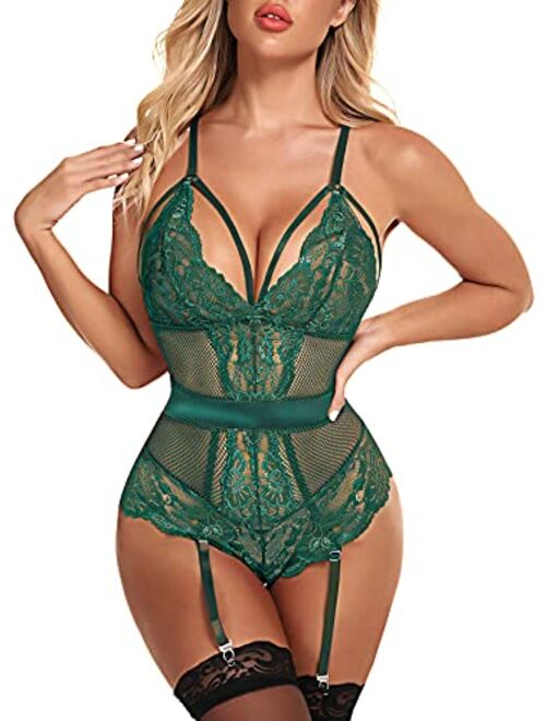 Donnalla Women Lingerie Set with Garter Belt Sexy Lace Bodysuit Fishnet One Piece Teddy (No Stockings )