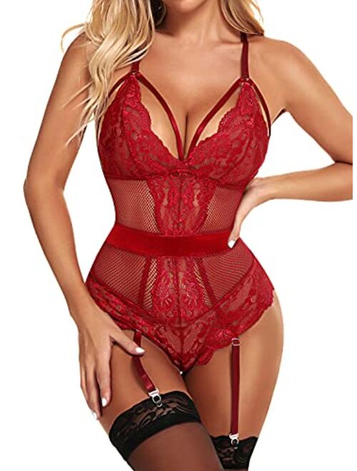 Donnalla Women Lingerie Set with Garter Belt Sexy Lace Bodysuit Fishnet One Piece Teddy (No Stockings )