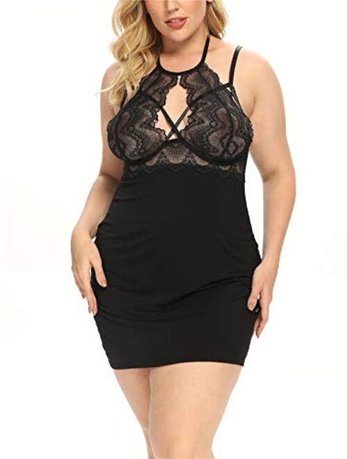 Eppido Women's Sexy Plus Size Lingerie Halter Cross straps Babydoll Lace Trim Chemise Sleepwear