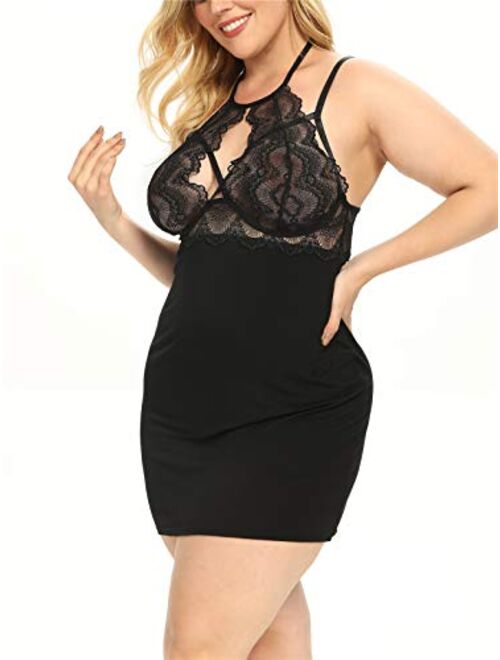 Eppido Women's Sexy Plus Size Lingerie Halter Cross straps Babydoll Lace Trim Chemise Sleepwear