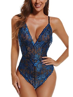 ADSEXY See Through Lingerie Sexy Lace Teddies Floral One Piece Bodysuit Women Exotic Sheer Underwear Mini Mesh Babydoll