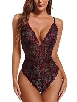 ADSEXY See Through Lingerie Sexy Lace Teddies Floral One Piece Bodysuit Women Exotic Sheer Underwear Mini Mesh Babydoll