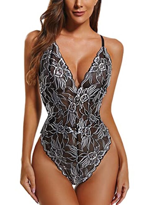 ADSEXY See Through Lingerie Sexy Lace Teddies Floral One Piece Bodysuit Women Exotic Sheer Underwear Mini Mesh Babydoll