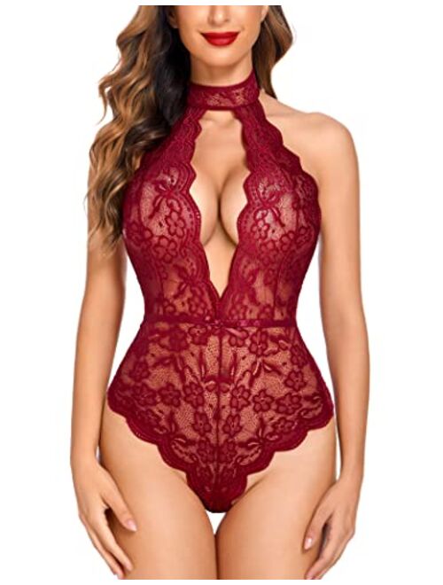 Avidlove Women Snap Crotch Lingerie Sexy Lace Bodysuit Deep V Teddy One Piece Lace Babydoll XS-XXL