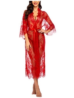 Women Sexy Long Lace Lingerie Kimono Robe Sheer Babydoll Nightgown Nightdress