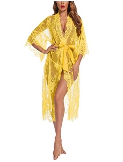 Women Sexy Long Lace Lingerie Kimono Robe Sheer Babydoll Nightgown Nightdress