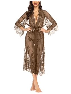 Women Sexy Long Lace Lingerie Kimono Robe Sheer Babydoll Nightgown Nightdress