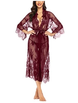 Women Sexy Long Lace Lingerie Kimono Robe Sheer Babydoll Nightgown Nightdress