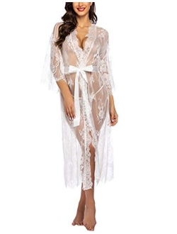 Women Sexy Long Lace Lingerie Kimono Robe Sheer Babydoll Nightgown Nightdress