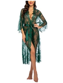 Women Sexy Long Lace Lingerie Kimono Robe Sheer Babydoll Nightgown Nightdress