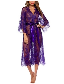 Women Sexy Long Lace Lingerie Kimono Robe Sheer Babydoll Nightgown Nightdress