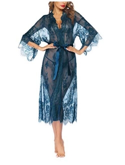 Women Sexy Long Lace Lingerie Kimono Robe Sheer Babydoll Nightgown Nightdress