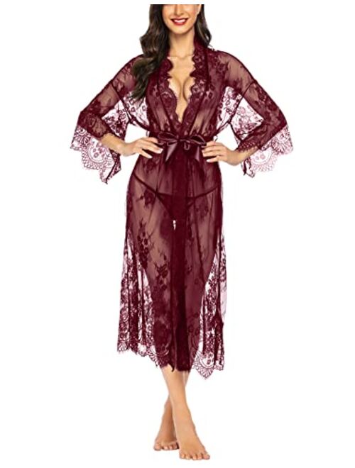 Avidlove Women Sexy Long Lace Lingerie Kimono Robe Sheer Babydoll Nightgown Nightdress