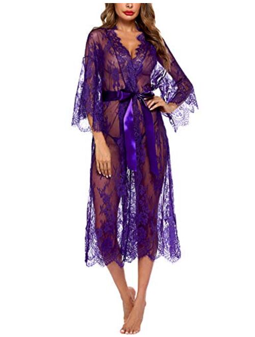 Avidlove Women Sexy Long Lace Lingerie Kimono Robe Sheer Babydoll Nightgown Nightdress