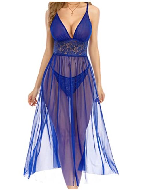 Avidlove Women Lingerie Lace Babydoll V Neck Chemise Halter Mesh Nightwear Sexy Long Gown Lingerie Sheer Dress