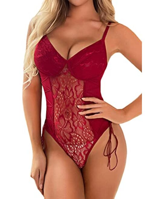 Aranmei Women Sexy Lace Up Teddy Lingerie Bodysuit Floral Embroidered Mesh Sheer One Piece Cut Out