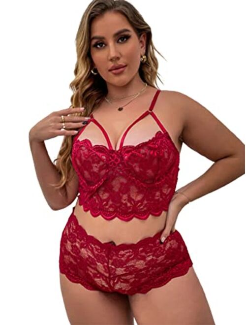 WDIRARA Women's Plus Size Floral Lace Scallop Trim Underwire Lingerie Set