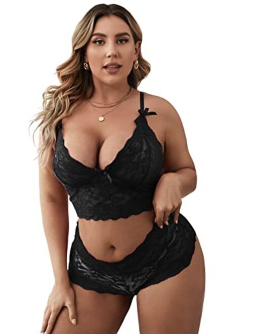 Floerns Women's Plus Size Lingerie Set Floral Lace Bralette and Panty Underwear