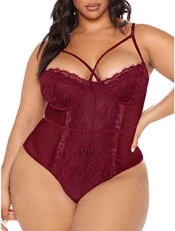 Kaei&Shi Plus Size Lingerie For Women,Sheer Lace Sexy V Neck Bodysuit,Eyelash One Piece Floral Teddy Valentine