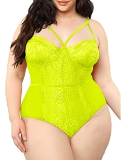 Kaei&Shi Plus Size Lingerie For Women,Sheer Lace Sexy V Neck Bodysuit,Eyelash One Piece Floral Teddy Valentine