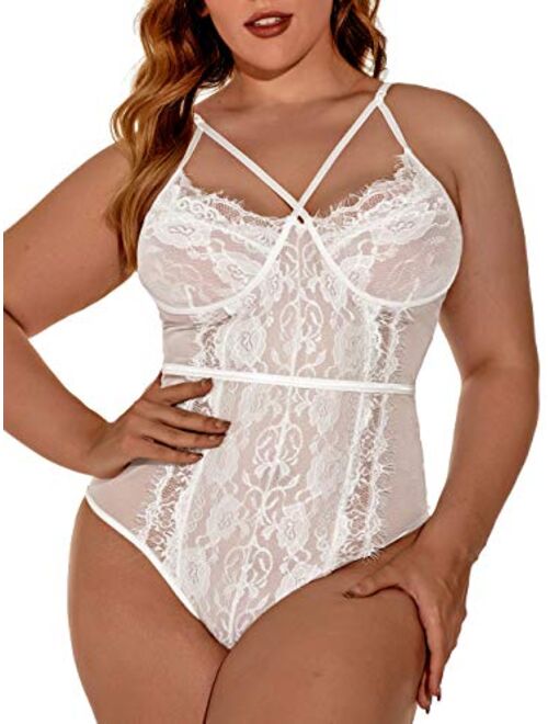 Kaei&Shi Plus Size Lingerie For Women,Sheer Lace Sexy V Neck Bodysuit,Eyelash One Piece Floral Teddy Valentine