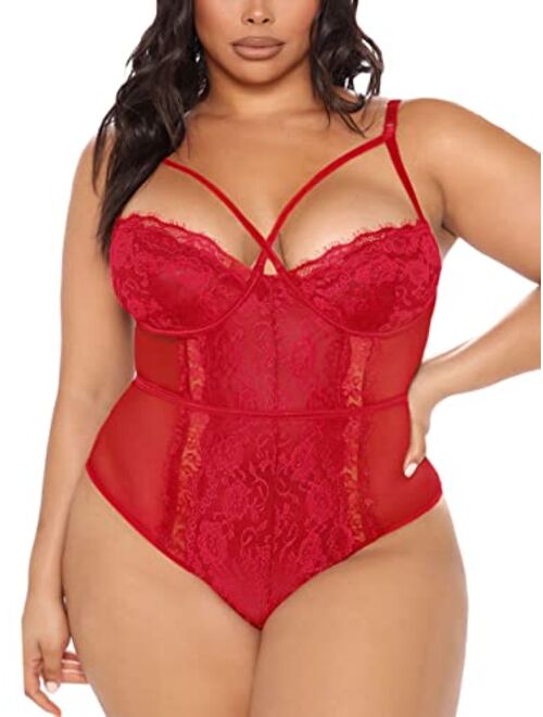 Kaei&Shi Plus Size Lingerie For Women,Sheer Lace Sexy V Neck Bodysuit,Eyelash One Piece Floral Teddy Valentine